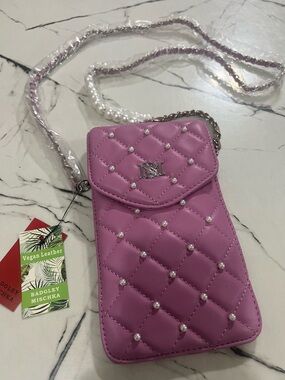 Badgley Mischka Pink Quilted Pearl Crossbody Bag